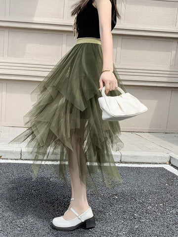 Asymmetrical Mesh Skirt For Women, High Waist Versatile Slimming Skirt, Spring 2024 New Arrival