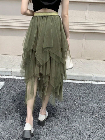 Asymmetrical Mesh Skirt For Women, High Waist Versatile Slimming Skirt, Spring 2024 New Arrival