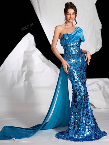 Asymmetrical Neck Blue Bandeau Sexy Fitted Sequined Formal Gown For Prom, Party, Wedding