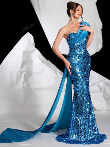 Asymmetrical Neck Blue Bandeau Sexy Fitted Sequined Formal Gown For Prom, Party, Wedding