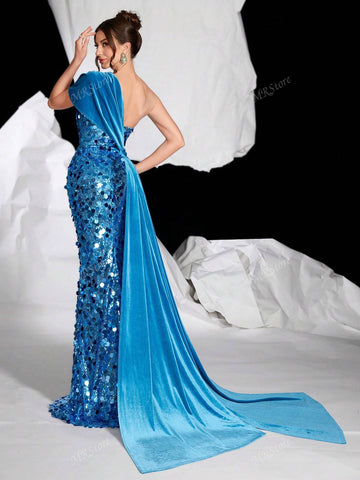 Asymmetrical Neck Blue Bandeau Sexy Fitted Sequined Formal Gown For Prom, Party, Wedding