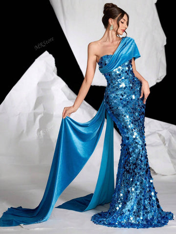 Asymmetrical Neck Blue Bandeau Sexy Fitted Sequined Formal Gown For Prom, Party, Wedding