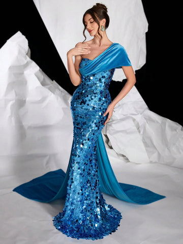 Asymmetrical Neck Blue Bandeau Sexy Fitted Sequined Formal Gown For Prom, Party, Wedding