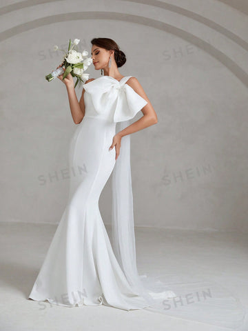 Asymmetrical Neck Bow Front Floor Length Wedding Dress