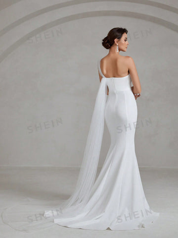 Asymmetrical Neck Bow Front Floor Length Wedding Dress