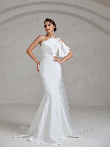 Asymmetrical Neck Bow Front Floor Length Wedding Dress
