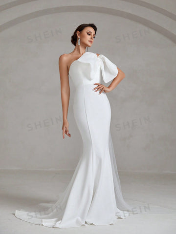 Asymmetrical Neck Bow Front Floor Length Wedding Dress