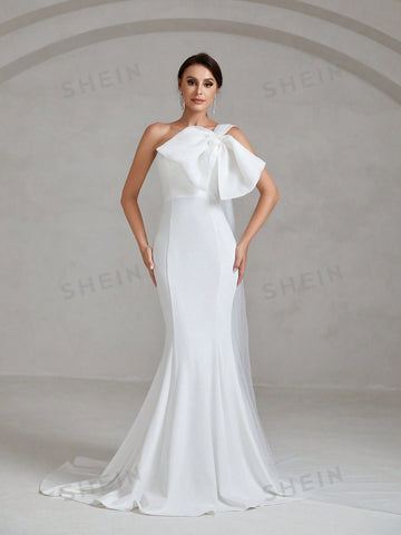 Asymmetrical Neck Bow Front Floor Length Wedding Dress