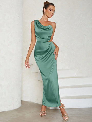 Asymmetrical Neck Cut Out Waist Split Thigh Satin Bridesmaid Dress