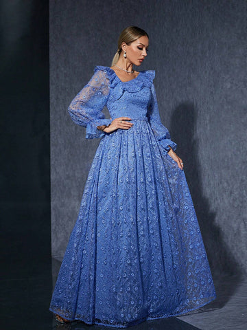 Asymmetrical Neck Embroidered Lace Mermaid Evening Dress With Ruffled Neckline, Long Sleeve