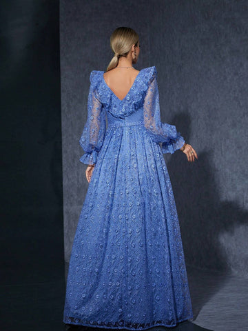 Asymmetrical Neck Embroidered Lace Mermaid Evening Dress With Ruffled Neckline, Long Sleeve