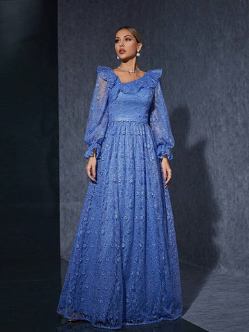Asymmetrical Neck Embroidered Lace Mermaid Evening Dress With Ruffled Neckline, Long Sleeve