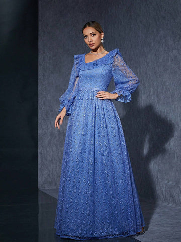 Asymmetrical Neck Embroidered Lace Mermaid Evening Dress With Ruffled Neckline, Long Sleeve