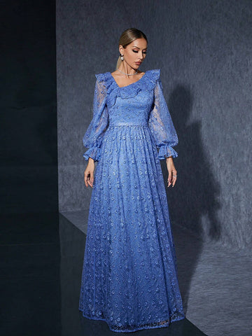 Asymmetrical Neck Embroidered Lace Mermaid Evening Dress With Ruffled Neckline, Long Sleeve