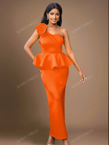 Asymmetrical Neck Floral Ruffled Bodycon Dress