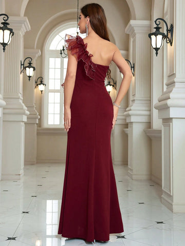 Asymmetrical Neck Organza Ruffle Mermaid Evening Dress With High Slit