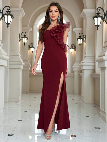 Asymmetrical Neck Organza Ruffle Mermaid Evening Dress With High Slit