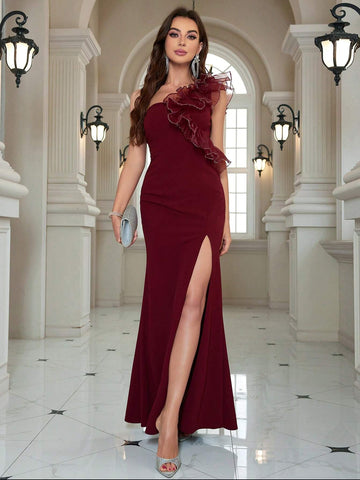 Asymmetrical Neck Organza Ruffle Mermaid Evening Dress With High Slit