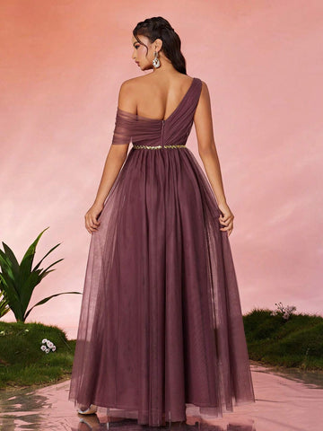 Asymmetrical Pleated Sequin Waist Sheer Maxi Bridesmaid Dress With One Shoulder