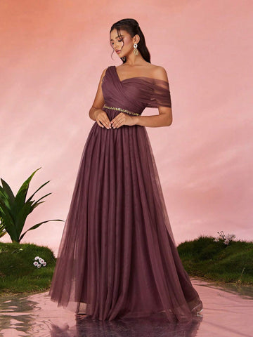 Asymmetrical Pleated Sequin Waist Sheer Maxi Bridesmaid Dress With One Shoulder