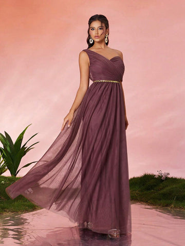 Asymmetrical Pleated Sequin Waist Sheer Maxi Bridesmaid Dress With One Shoulder