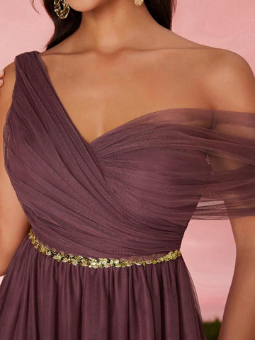 Asymmetrical Pleated Sequin Waist Sheer Maxi Bridesmaid Dress With One Shoulder