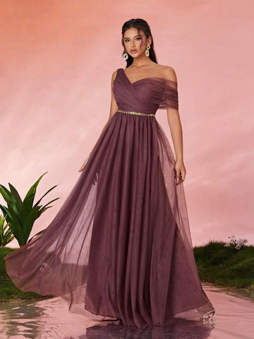 Asymmetrical Pleated Sequin Waist Sheer Maxi Bridesmaid Dress With One Shoulder