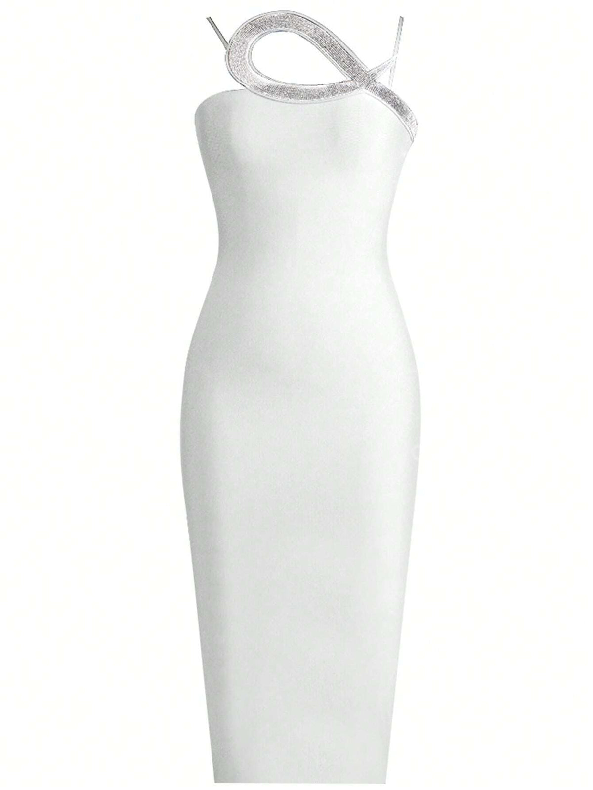Asymmetrical Neck Rhinestone Detail Bodycon Dress