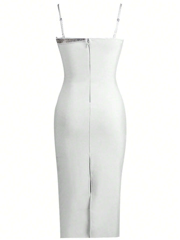 Asymmetrical Neck Rhinestone Detail Bodycon Dress
