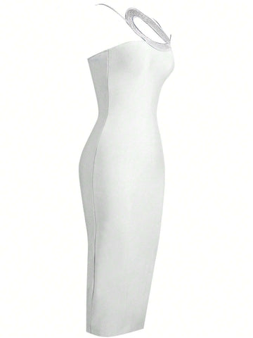 Asymmetrical Neck Rhinestone Detail Bodycon Dress