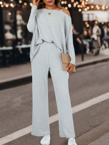 Asymmetrical Neck Rib-knit Tee & Pants