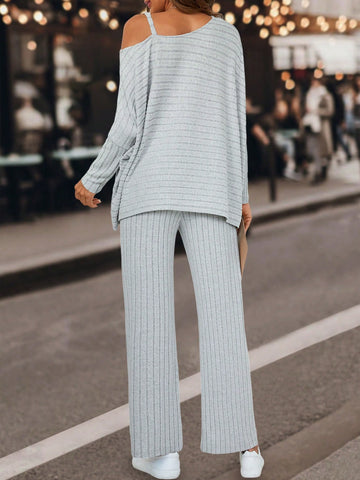 Asymmetrical Neck Rib-knit Tee & Pants