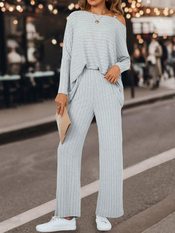 Asymmetrical Neck Rib-knit Tee & Pants