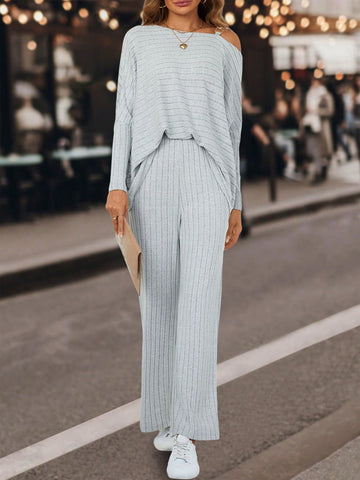 Asymmetrical Neck Rib-knit Tee & Pants