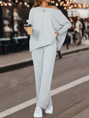 Asymmetrical Neck Rib-knit Tee & Pants