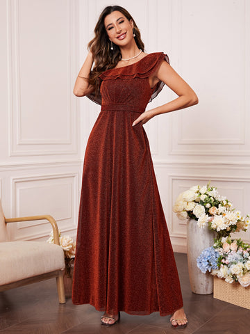 Asymmetrical Neck Ruffle Trim Glitter Bridesmaid Dress