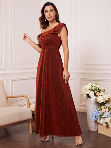 Asymmetrical Neck Ruffle Trim Glitter Bridesmaid Dress