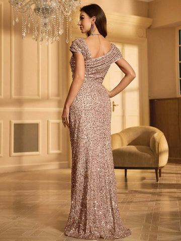 Asymmetrical Neck Sequin Decor Pleated Slim Fit Formal Dress