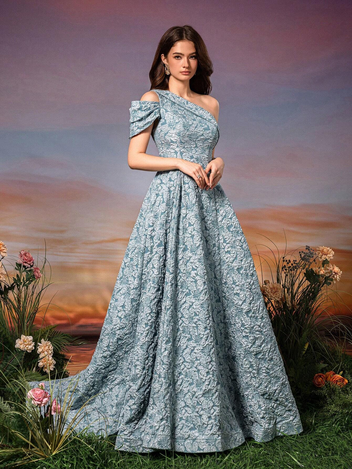 Asymmetrical Neck Short Sleeve 3D Flower Tailored Jacquard Dress With Ponytail And Flared Hem