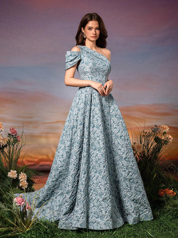 Asymmetrical Neck Short Sleeve 3D Flower Tailored Jacquard Dress With Ponytail And Flared Hem