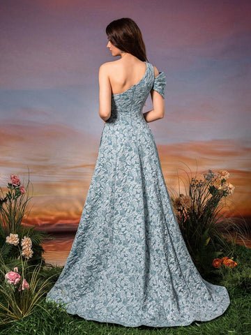 Asymmetrical Neck Short Sleeve 3D Flower Tailored Jacquard Dress With Ponytail And Flared Hem