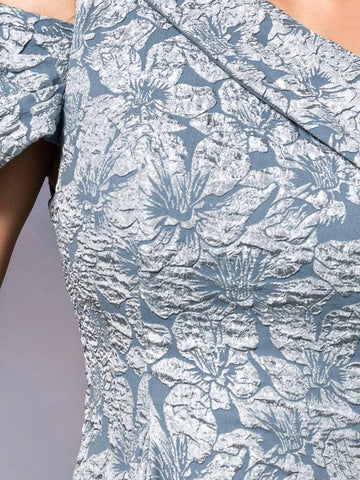 Asymmetrical Neck Short Sleeve 3D Flower Tailored Jacquard Dress With Ponytail And Flared Hem