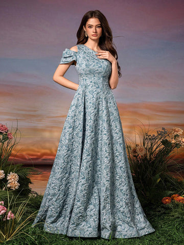 Asymmetrical Neck Short Sleeve 3D Flower Tailored Jacquard Dress With Ponytail And Flared Hem