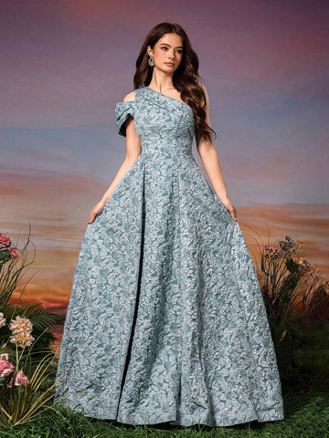 Asymmetrical Neck Short Sleeve 3D Flower Tailored Jacquard Dress With Ponytail And Flared Hem