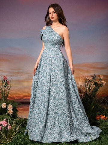 Asymmetrical Neck Short Sleeve 3D Flower Tailored Jacquard Dress With Ponytail And Flared Hem