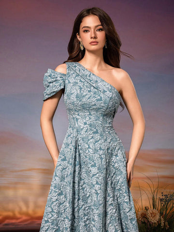 Asymmetrical Neck Short Sleeve 3D Flower Tailored Jacquard Dress With Ponytail And Flared Hem