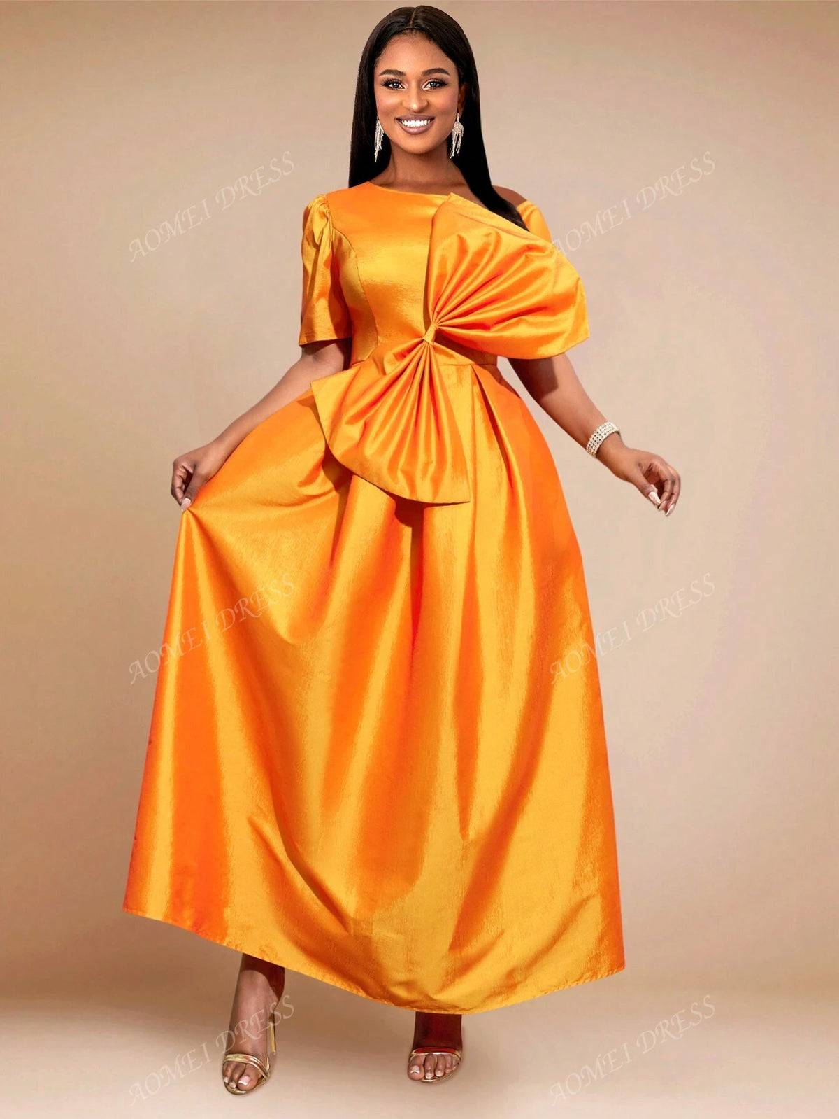 Asymmetrical Neck Short Sleeve A-Line Dress With Bow Decor