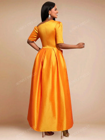 Asymmetrical Neck Short Sleeve A-Line Dress With Bow Decor