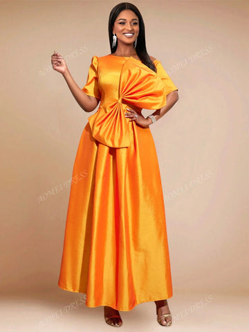 Asymmetrical Neck Short Sleeve A-Line Dress With Bow Decor