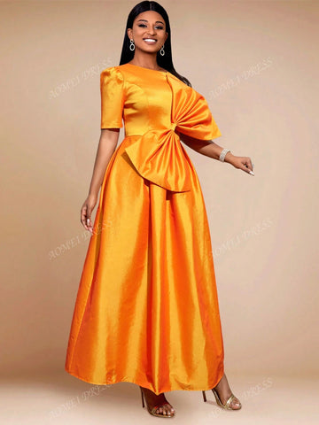 Asymmetrical Neck Short Sleeve A-Line Dress With Bow Decor